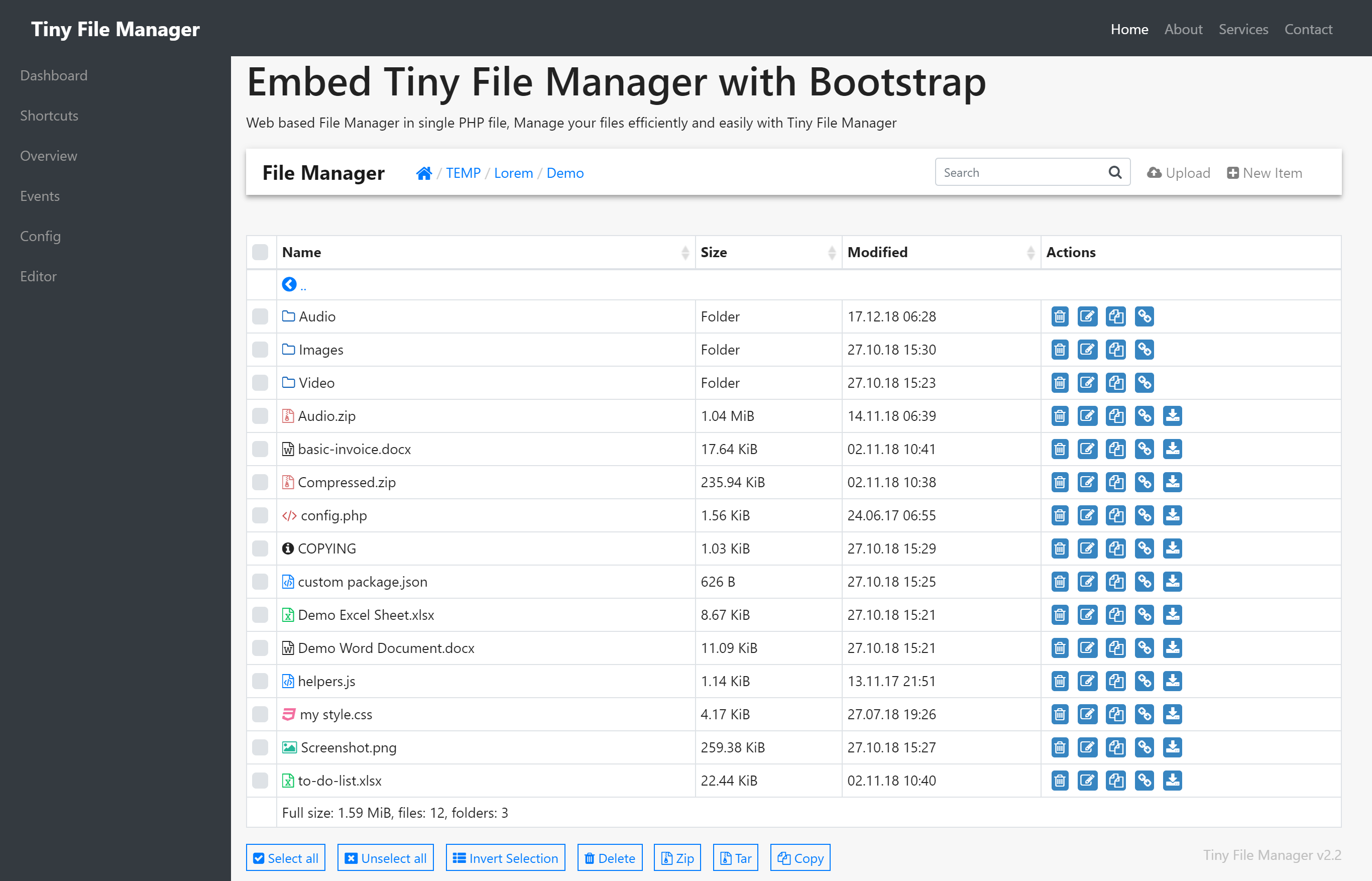 Tiny File Manager Embed with Bootstrap